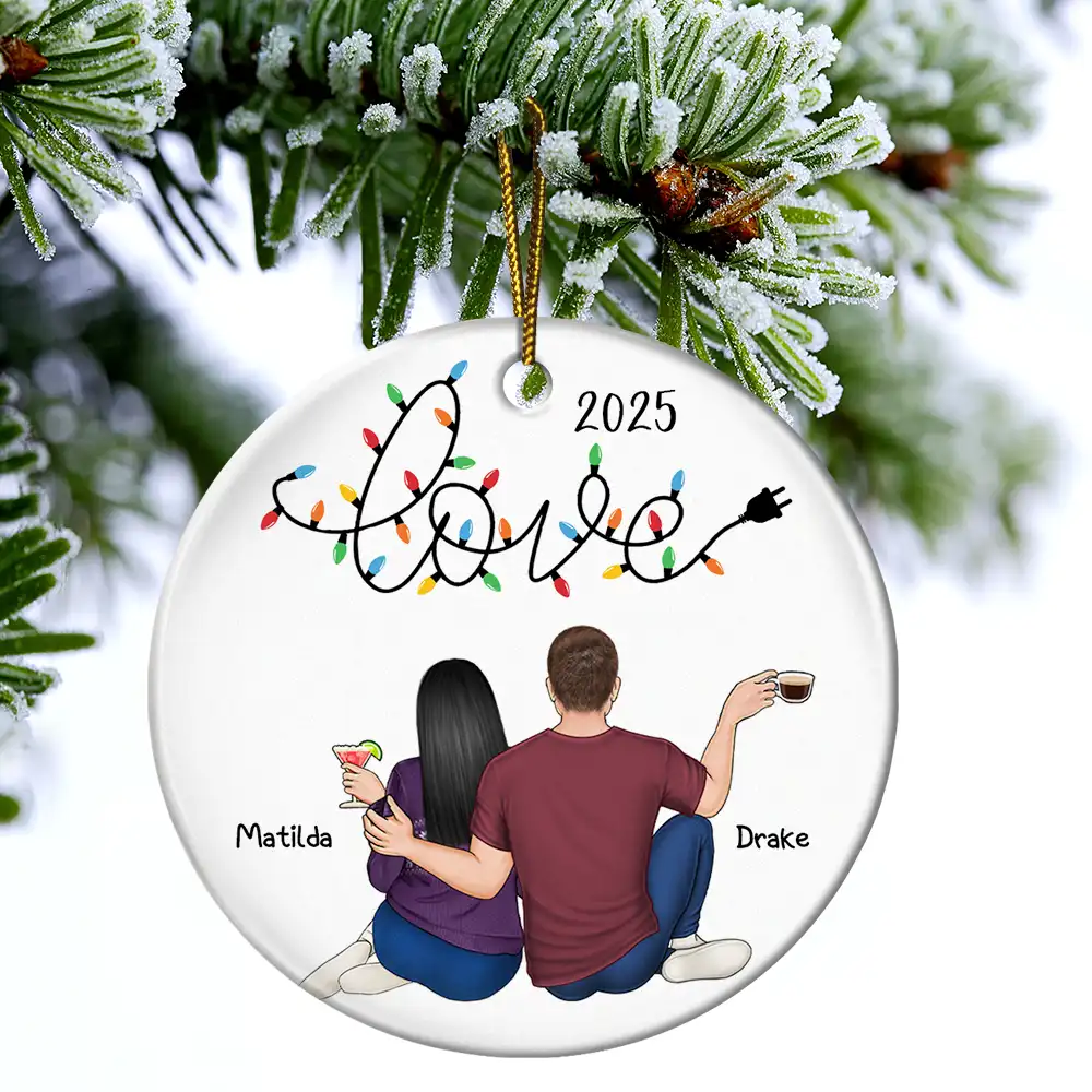 Love Light Christmas Couple - Personalized Circle Ceramic Ornament - Image 4