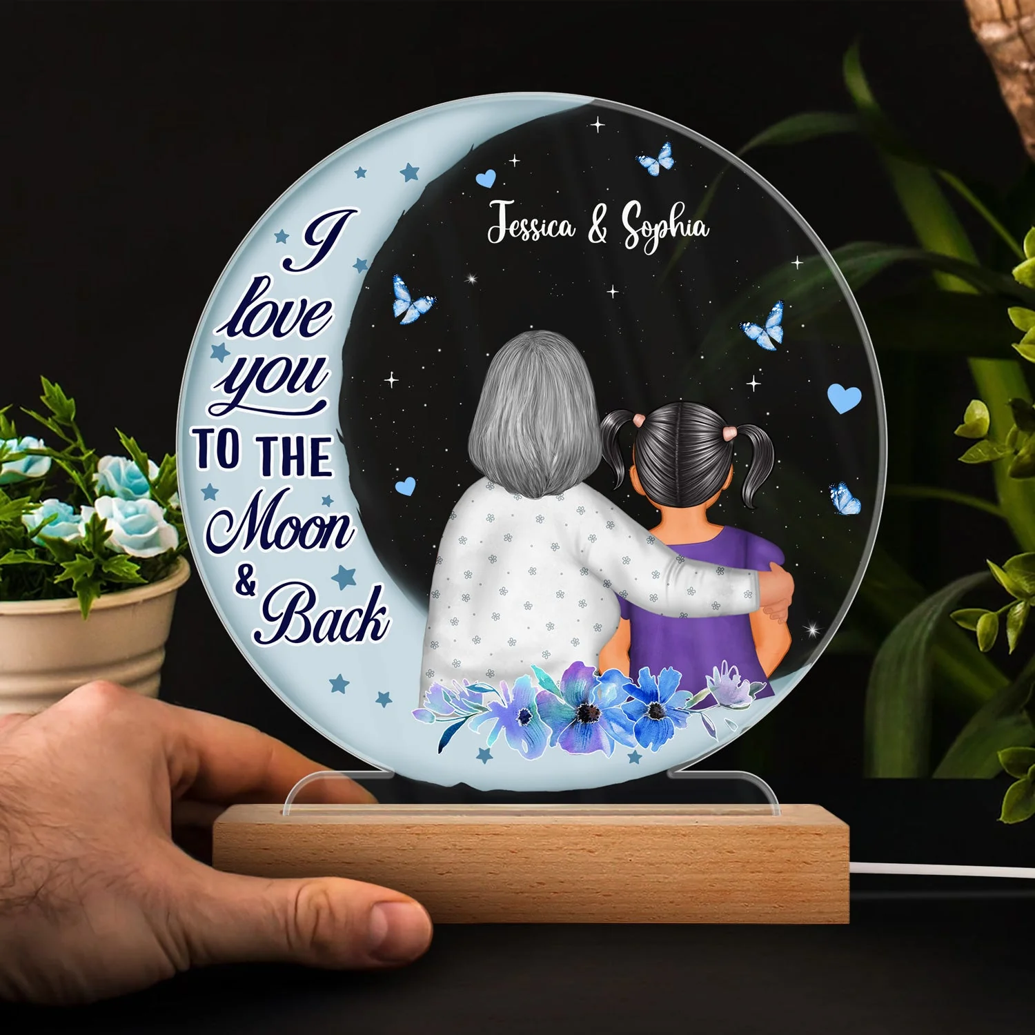 Love You To The Moon And Back - Gift For Grandma - Personalized Custom 3D Led Light Wooden Base - Image 4