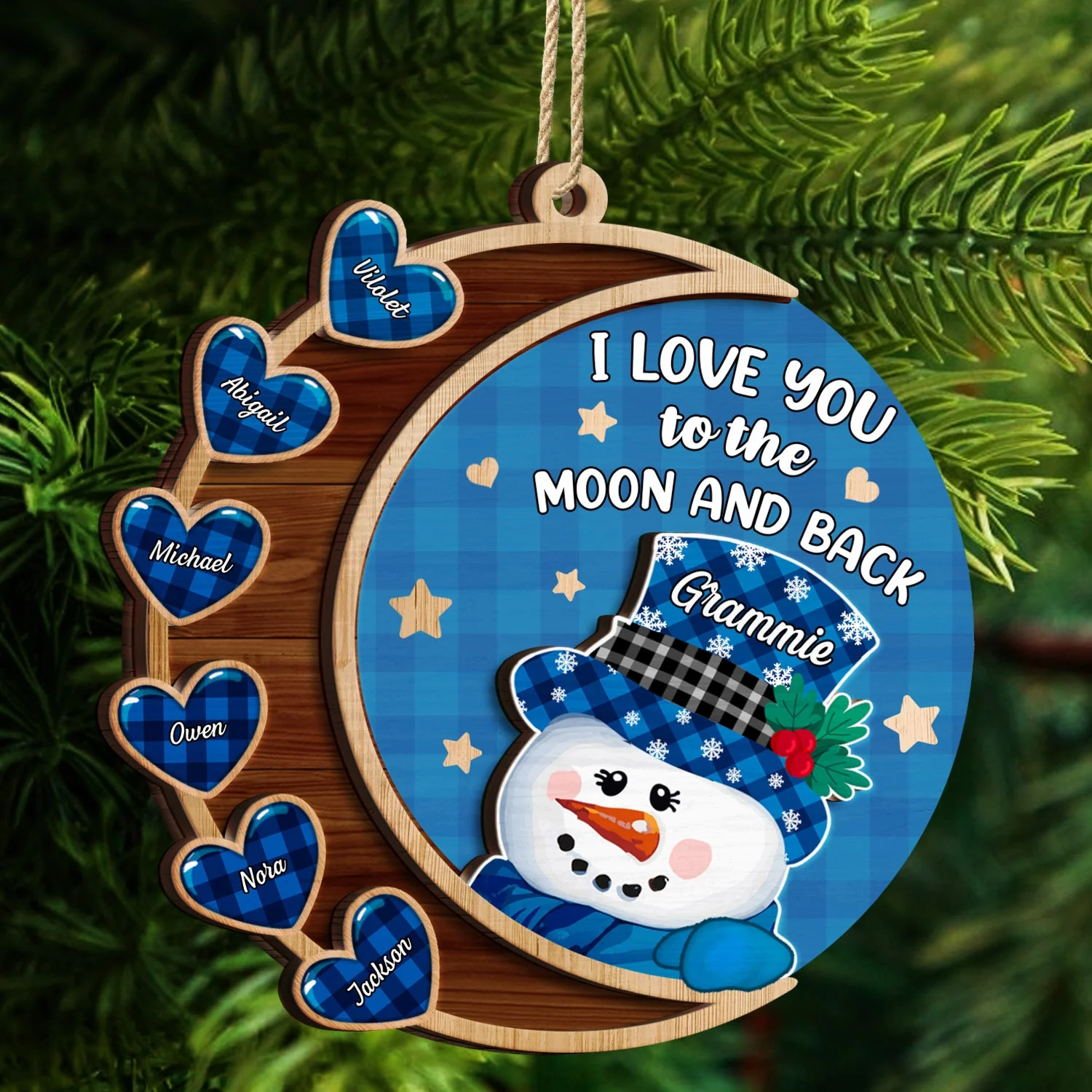Love You To The Moon And Back Snowman - Christmas, Loving Gift For Grandpa, Grandma, Grandparents - Personalized 2-Layered Wooden Ornament - Image 4