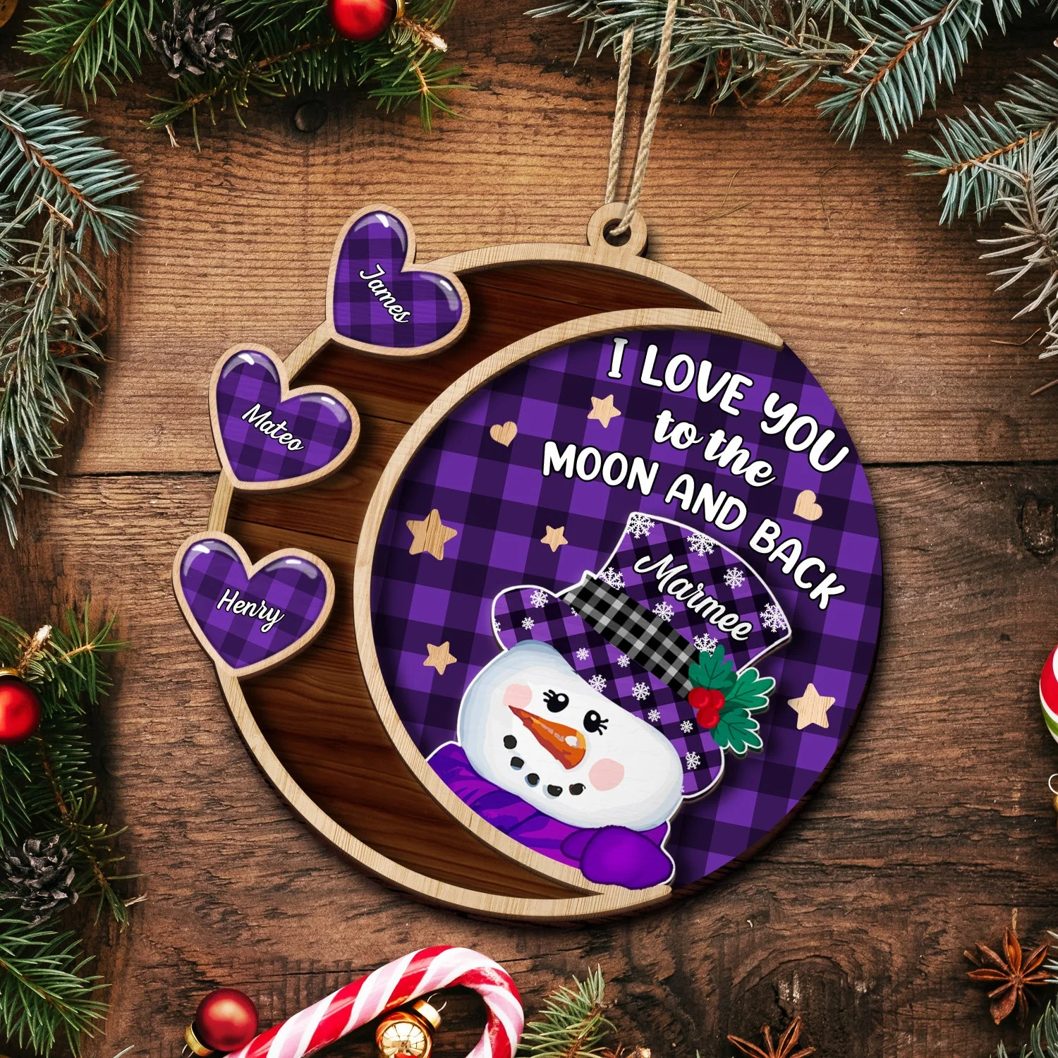 Love You To The Moon And Back Snowman - Christmas, Loving Gift For Grandpa, Grandma, Grandparents - Personalized 2-Layered Wooden Ornament - Image 5