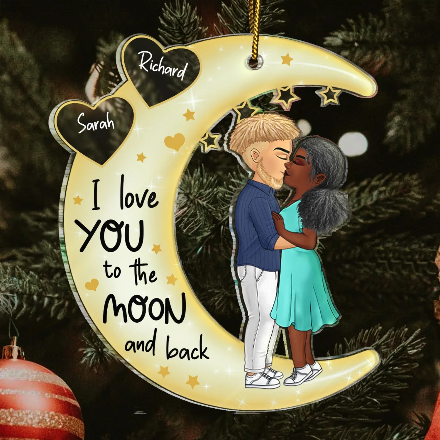 Love You To The Moon & Back Chibi Couple - Christmas Gift For Couples, Lovers, Wife, Husband, Girlfriend, Boyfriend - Personalized Cutout Acrylic Ornament - Image 3