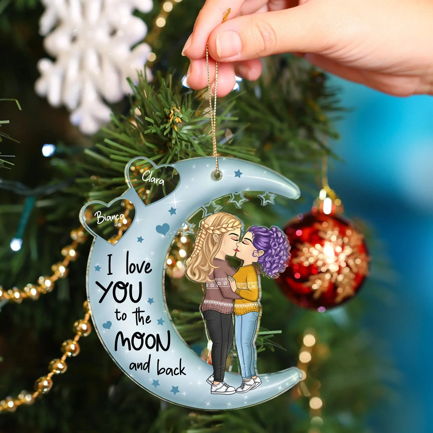Love You To The Moon & Back Chibi Couple - Christmas Gift For Couples, Lovers, Wife, Husband, Girlfriend, Boyfriend - Personalized Cutout Acrylic Ornament - Image 4
