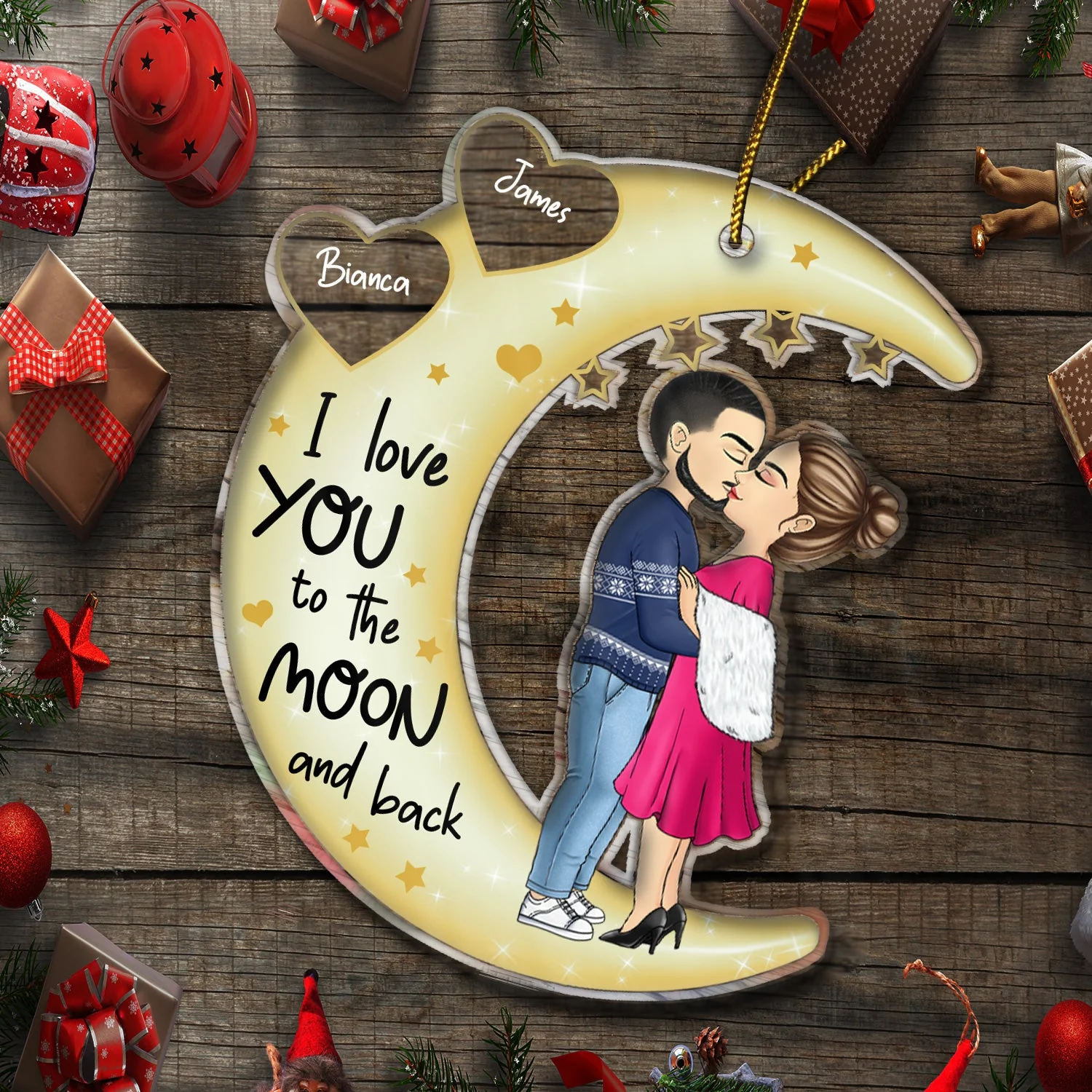 Love You To The Moon & Back Chibi Couple - Christmas Gift For Couples, Lovers, Wife, Husband, Girlfriend, Boyfriend - Personalized Cutout Acrylic Ornament - Image 6