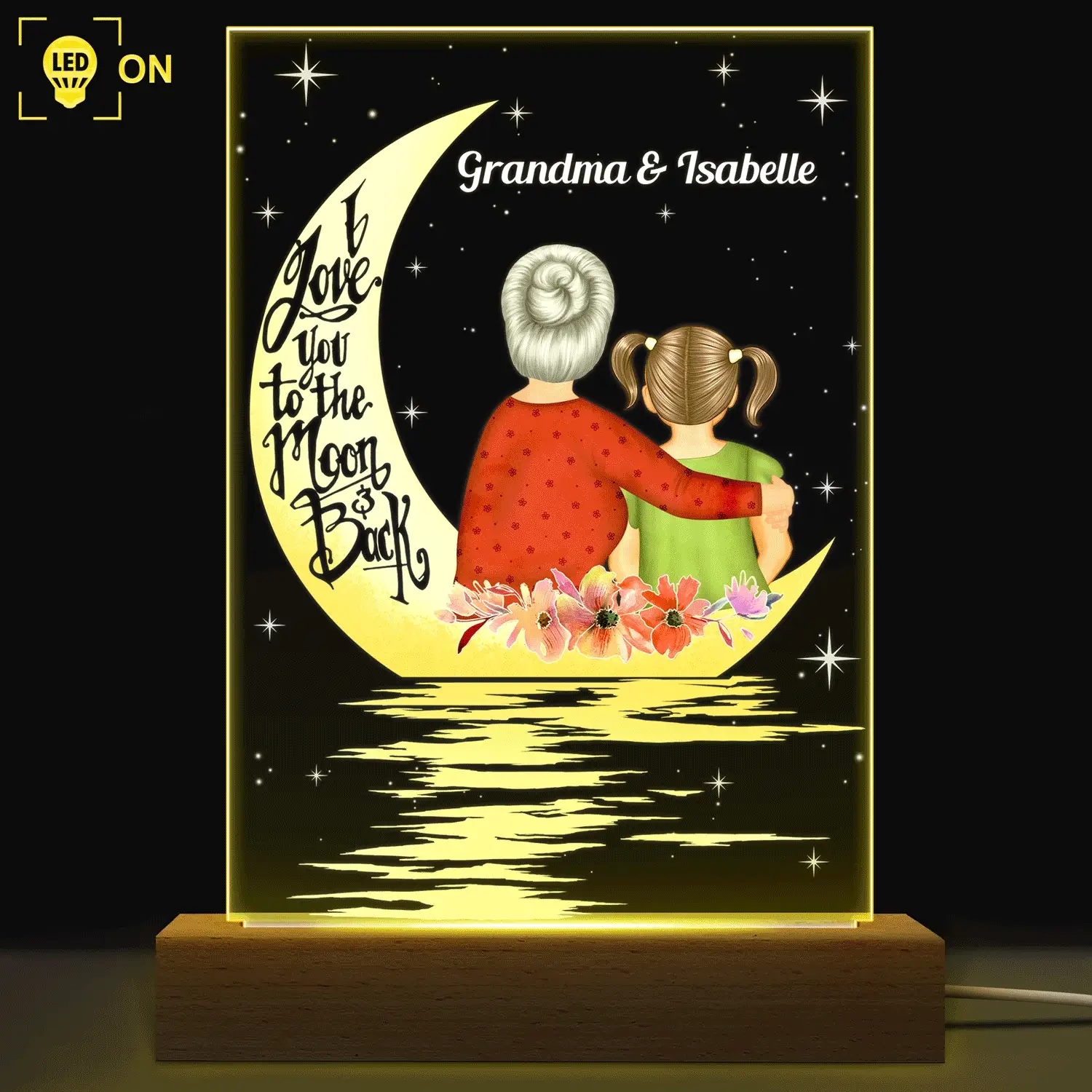 Love You To The Moon & Back - Gift For Grandma - Personalized Custom 3D Led Light Wooden Base - Image 2