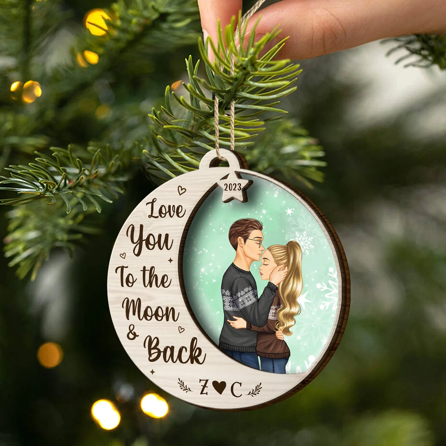 Love You To The Moon - Christmas Gift For Couples - Personalized 2-Layered Wooden Ornament - Image 2