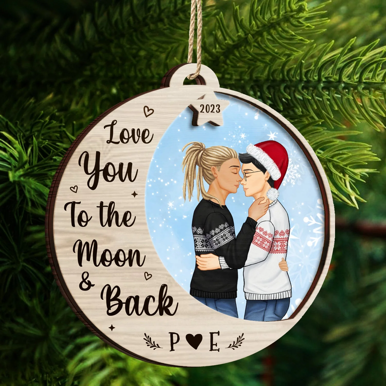 Love You To The Moon - Christmas Gift For Couples - Personalized 2-Layered Wooden Ornament - Image 4
