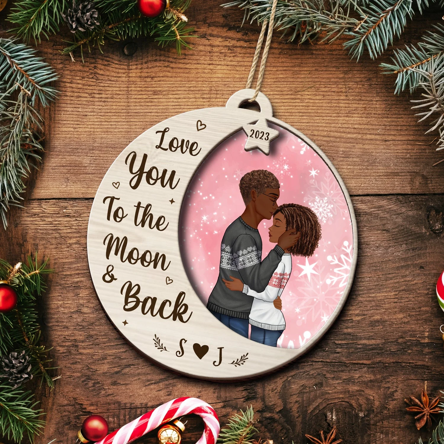 Love You To The Moon - Christmas Gift For Couples - Personalized 2-Layered Wooden Ornament - Image 5