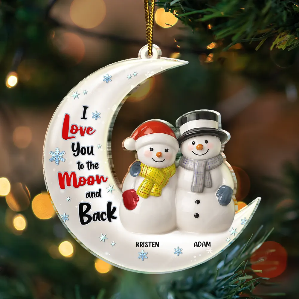 Love You To The Moon Couple Snowman Ceramic Effect - Personalized Custom Shaped Acrylic Ornament - Image 3