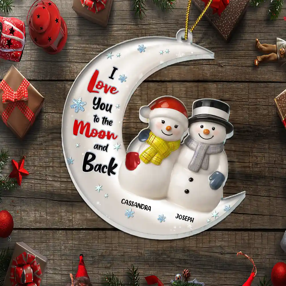 Love You To The Moon Couple Snowman Ceramic Effect - Personalized Custom Shaped Acrylic Ornament - Image 5