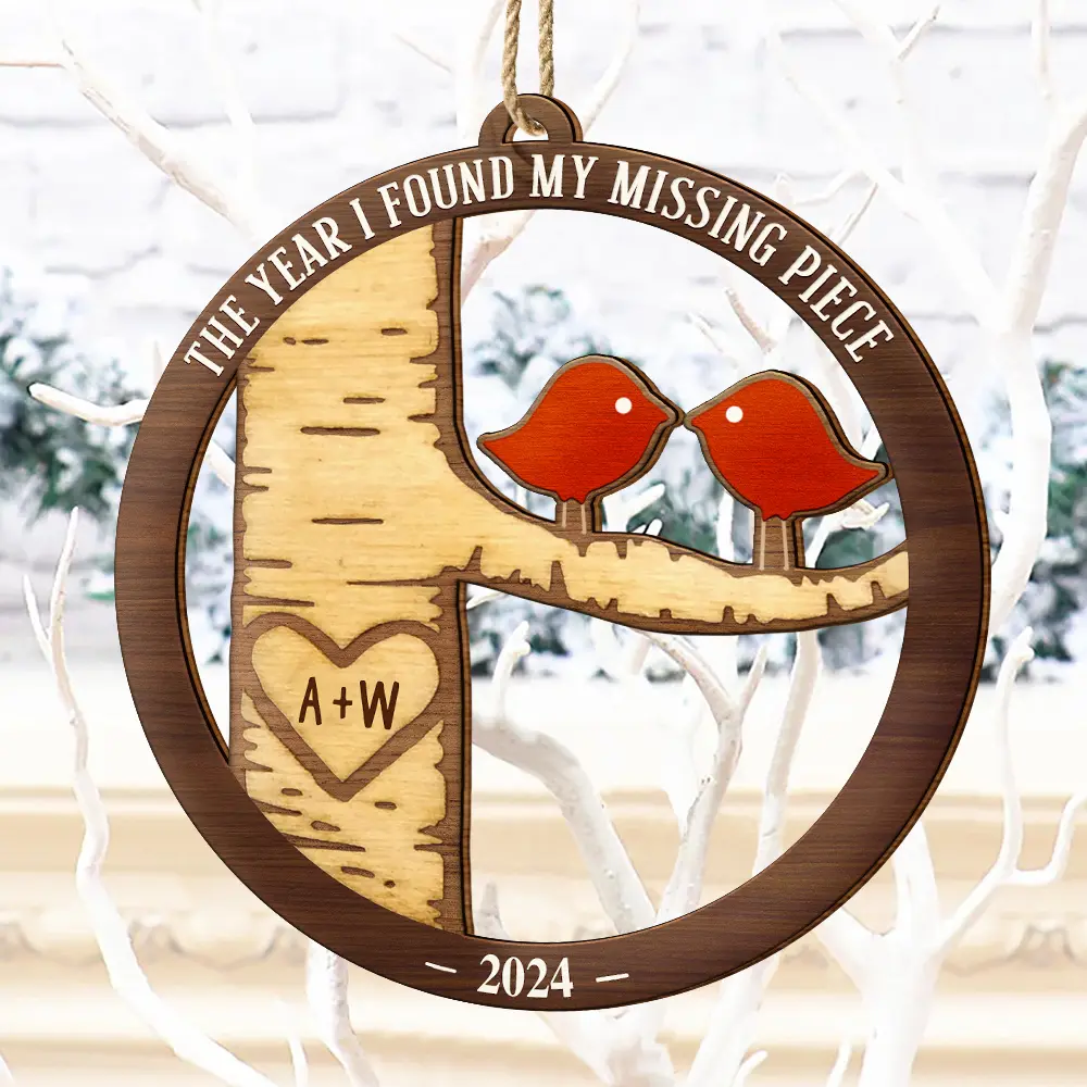 Lovebirds Couple The Year I Found My Missing Piece - Personalized Custom Shaped Wooden Ornament - Image 4