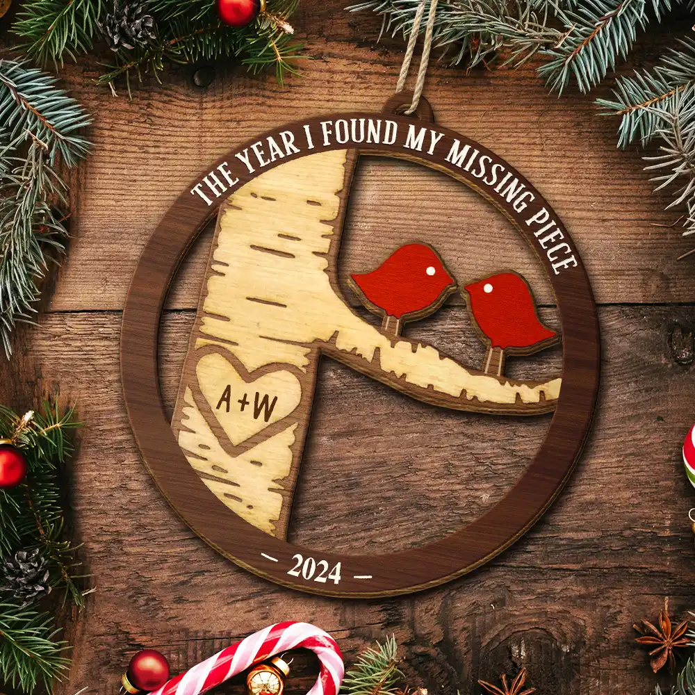 Lovebirds Couple The Year I Found My Missing Piece - Personalized Custom Shaped Wooden Ornament - Image 5