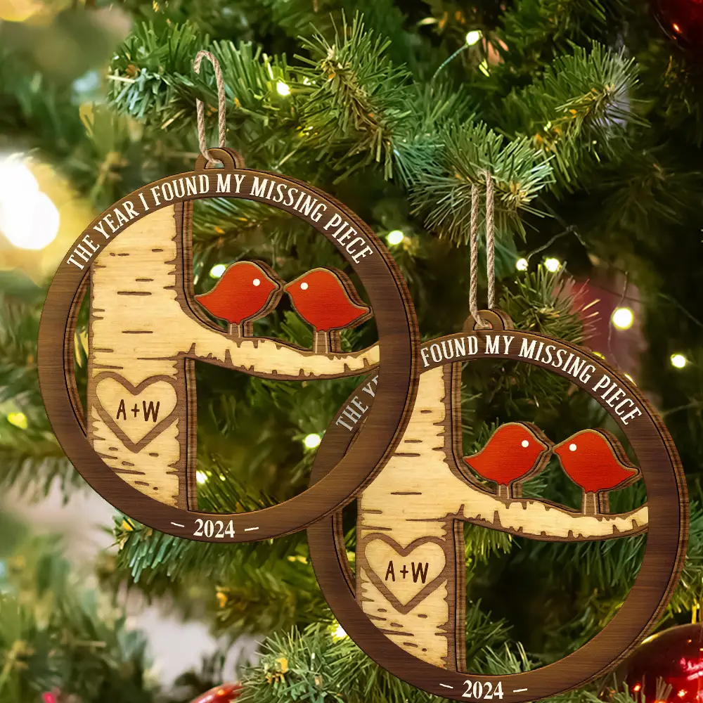 Lovebirds Couple The Year I Found My Missing Piece - Personalized Custom Shaped Wooden Ornament - Image 6
