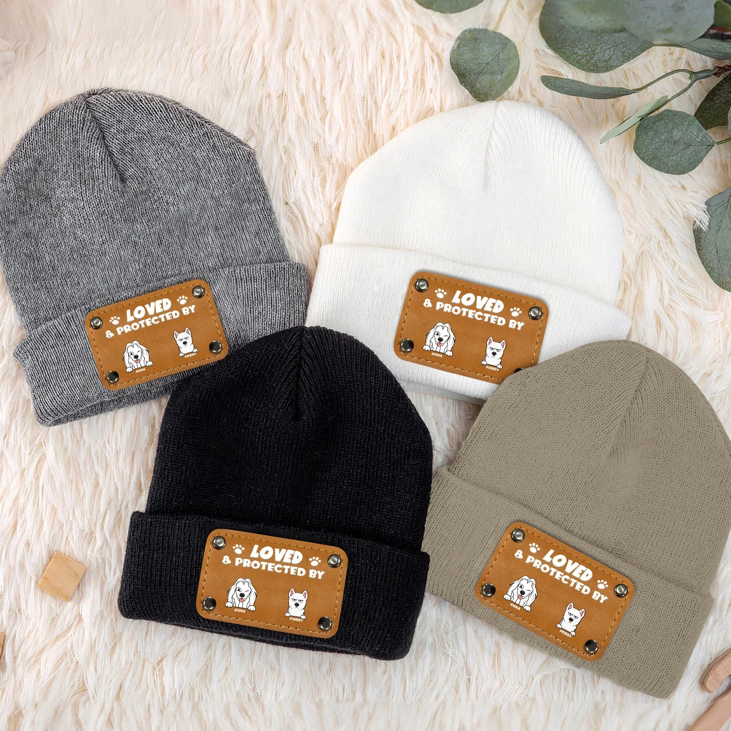 Loved And Protected By Dog - Gift For Pet Lovers - Personalized Beanie With Leather Patch - Image 3