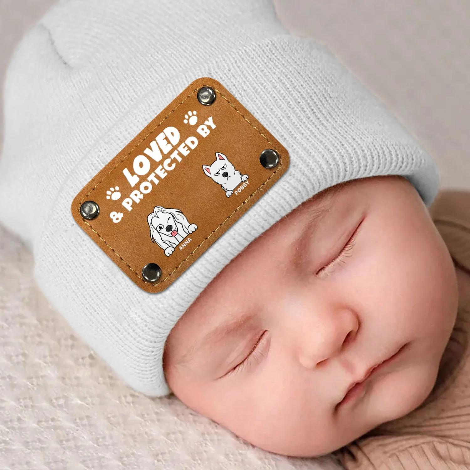 Loved And Protected By Dog - Gift For Pet Lovers - Personalized Beanie With Leather Patch - Image 4