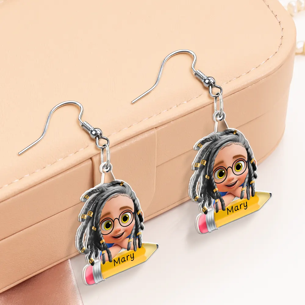 Lovely Kid On The Pencil - Personalized Acrylic Earrings - Image 4