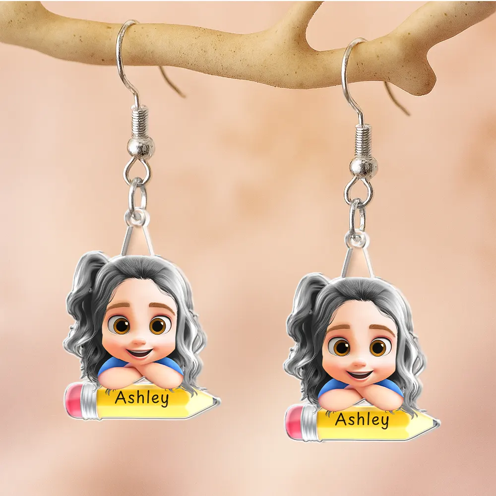 Lovely Kid On The Pencil - Personalized Acrylic Earrings - Image 5
