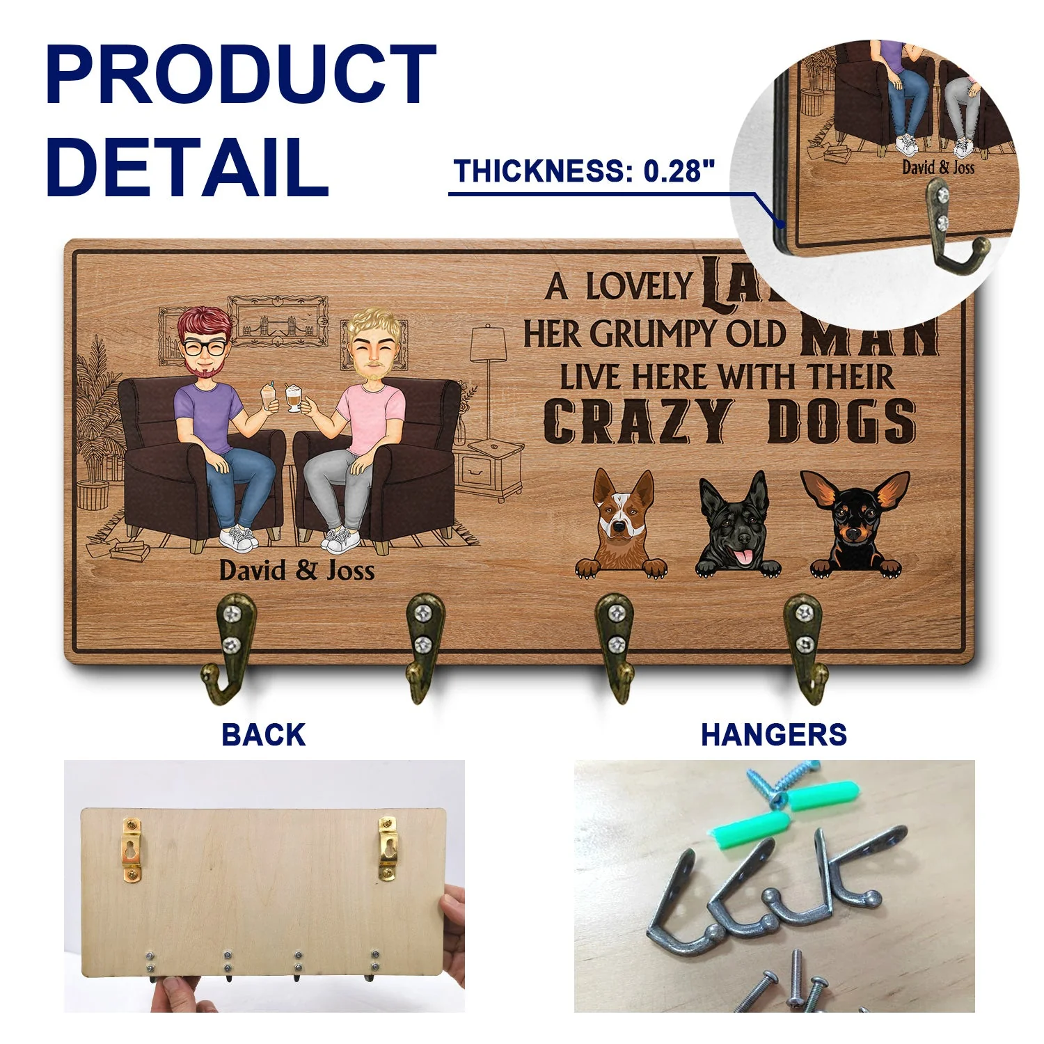 Lovely Lady Grumpy Old Man With Crazy Dogs - Gift For Dog Owners, Couples - Personalized Wood Key Holder - Image 5