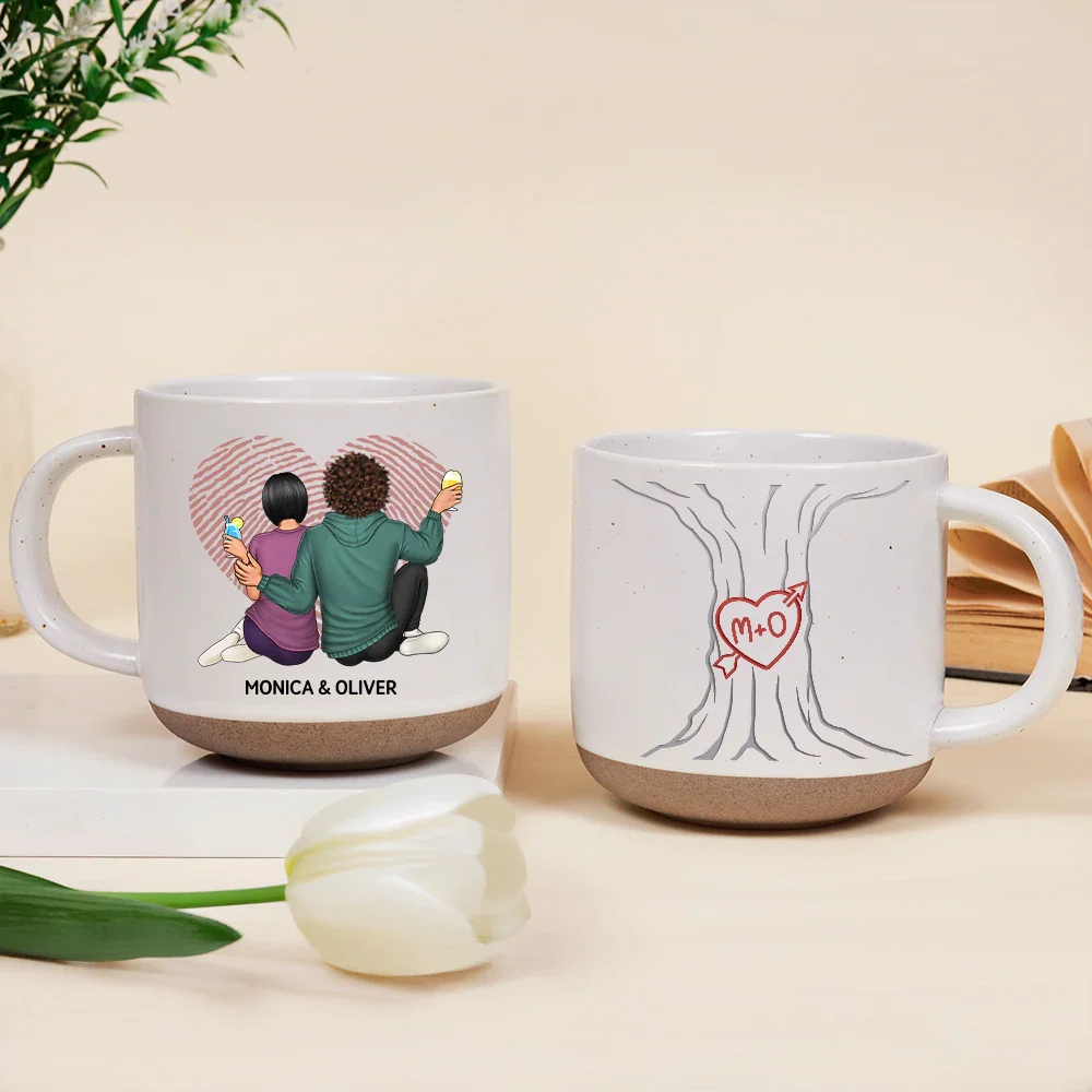 Loving Couple Carved Initials Heart Tree - Personalized Pottery Mug - Image 2