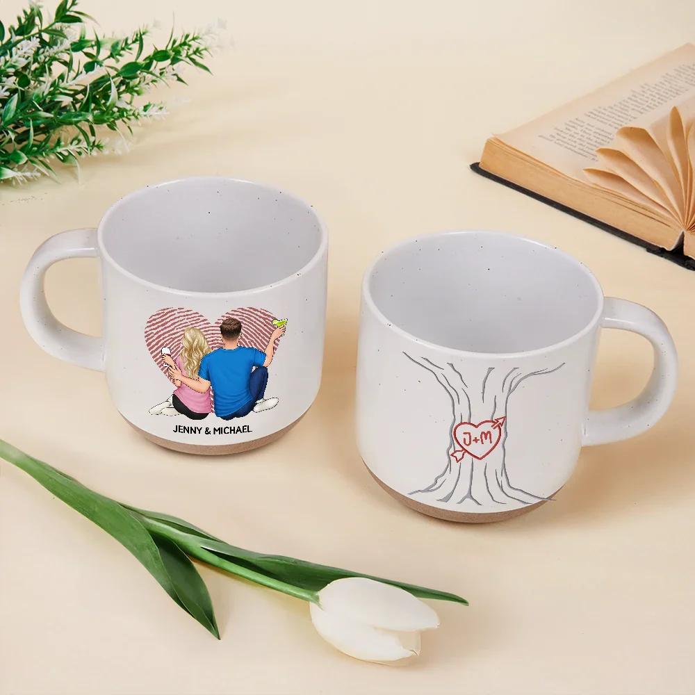 Loving Couple Carved Initials Heart Tree - Personalized Pottery Mug - Image 3