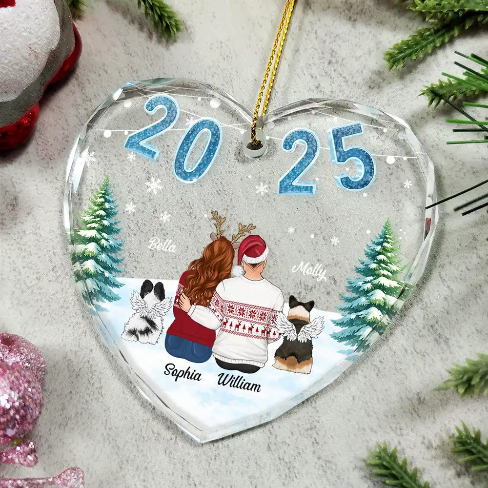 Loving Couple Dog Cat - Personalized Heart Shaped Glass Ornament - Image 4