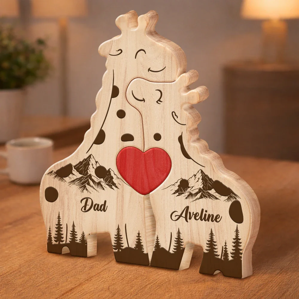 Loving Giraffe Family - Personalized Custom Shaped Wooden Puzzle - Image 2
