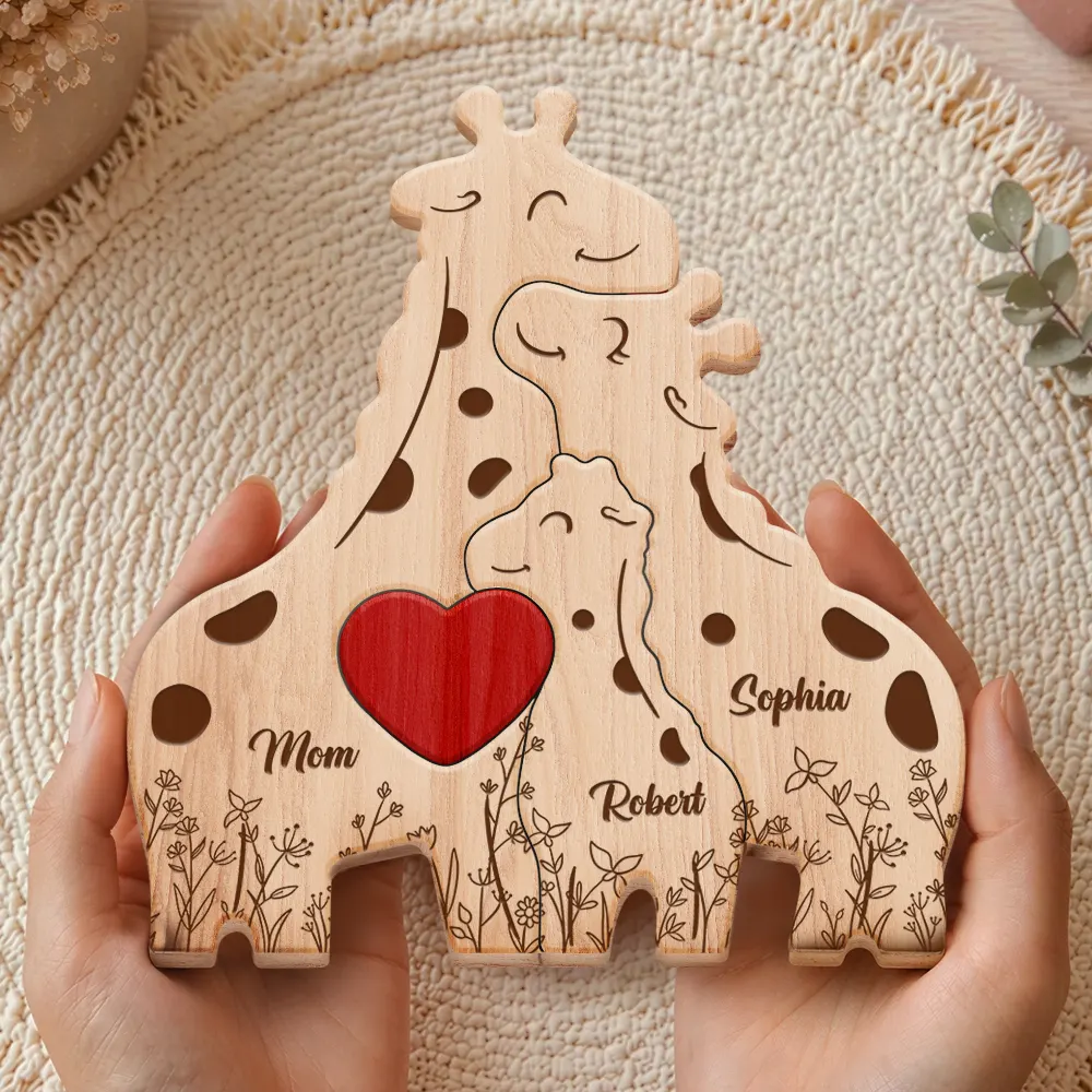 Loving Giraffe Family - Personalized Custom Shaped Wooden Puzzle - Image 4
