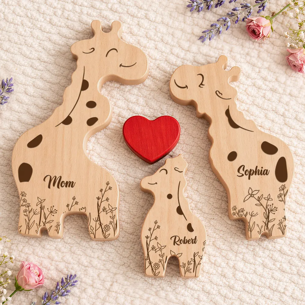 Loving Giraffe Family - Personalized Custom Shaped Wooden Puzzle - Image 5