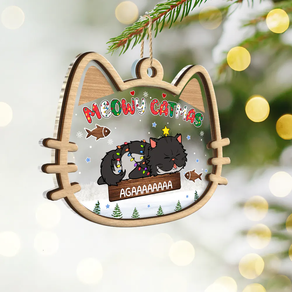 Lying Cat Meowy Catmas - Personalized 2-Layered Mix Ornament - Image 2