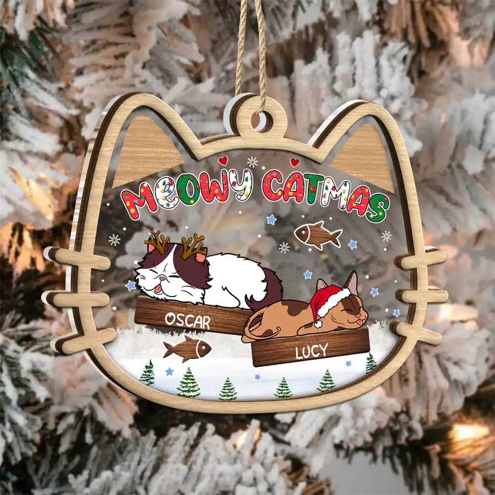 Lying Cat Meowy Catmas - Personalized 2-Layered Mix Ornament - Image 3