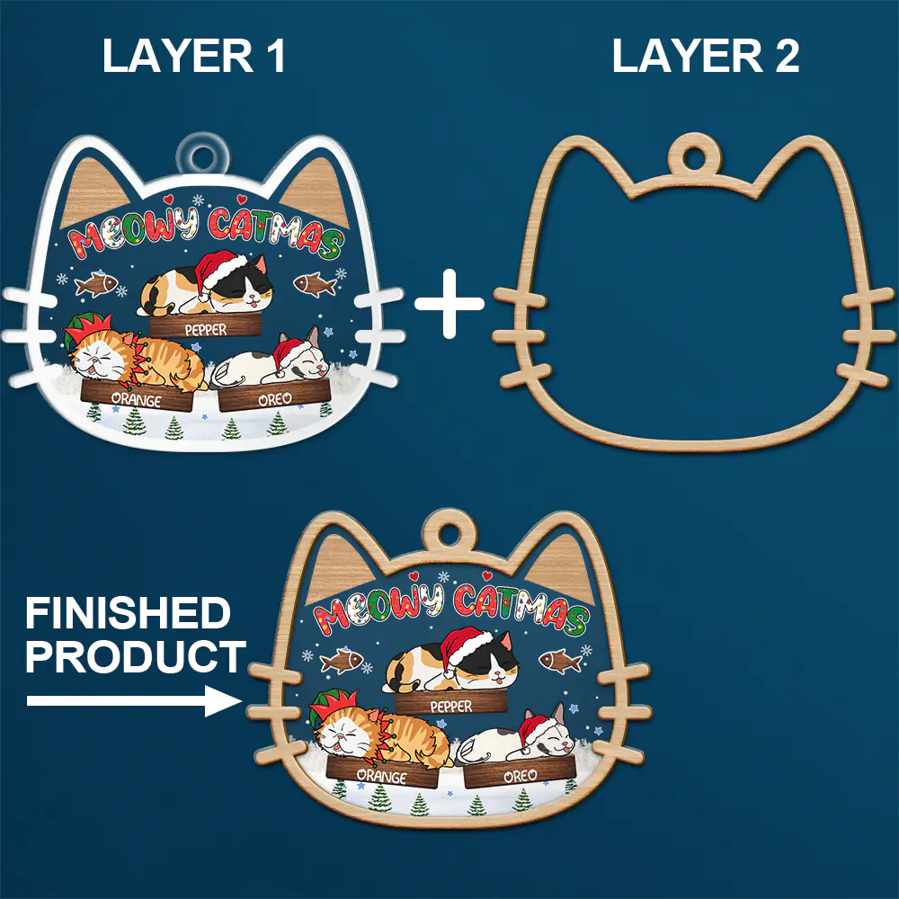 Lying Cat Meowy Catmas - Personalized 2-Layered Mix Ornament - Image 6