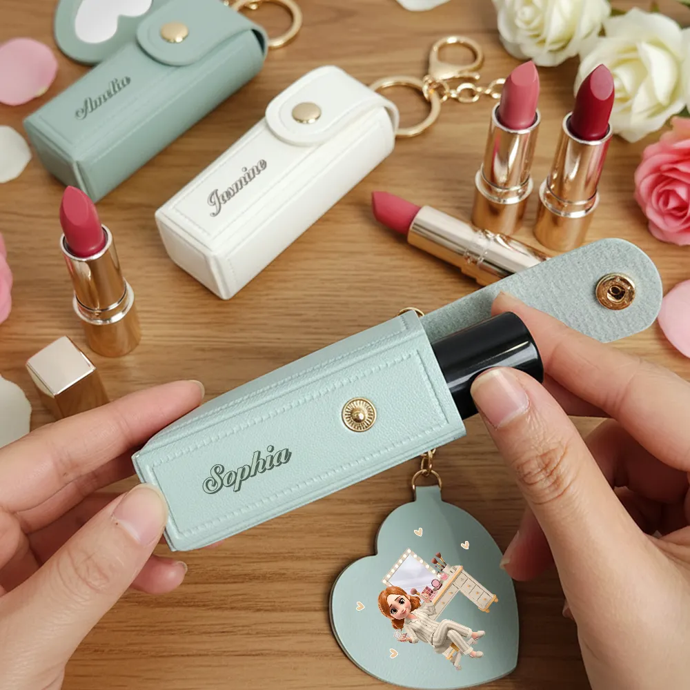 Makeup Girl With Custom Name - Personalized Leather Lipstick Case Keychain With Mirror - Image 2