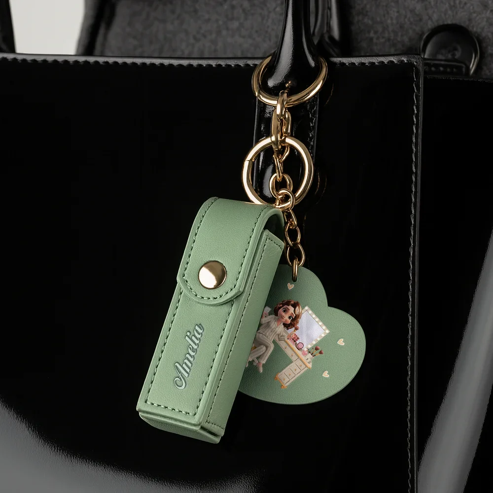Makeup Girl With Custom Name - Personalized Leather Lipstick Case Keychain With Mirror - Image 4