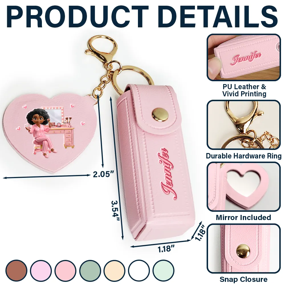 Makeup Girl With Custom Name - Personalized Leather Lipstick Case Keychain With Mirror - Image 5