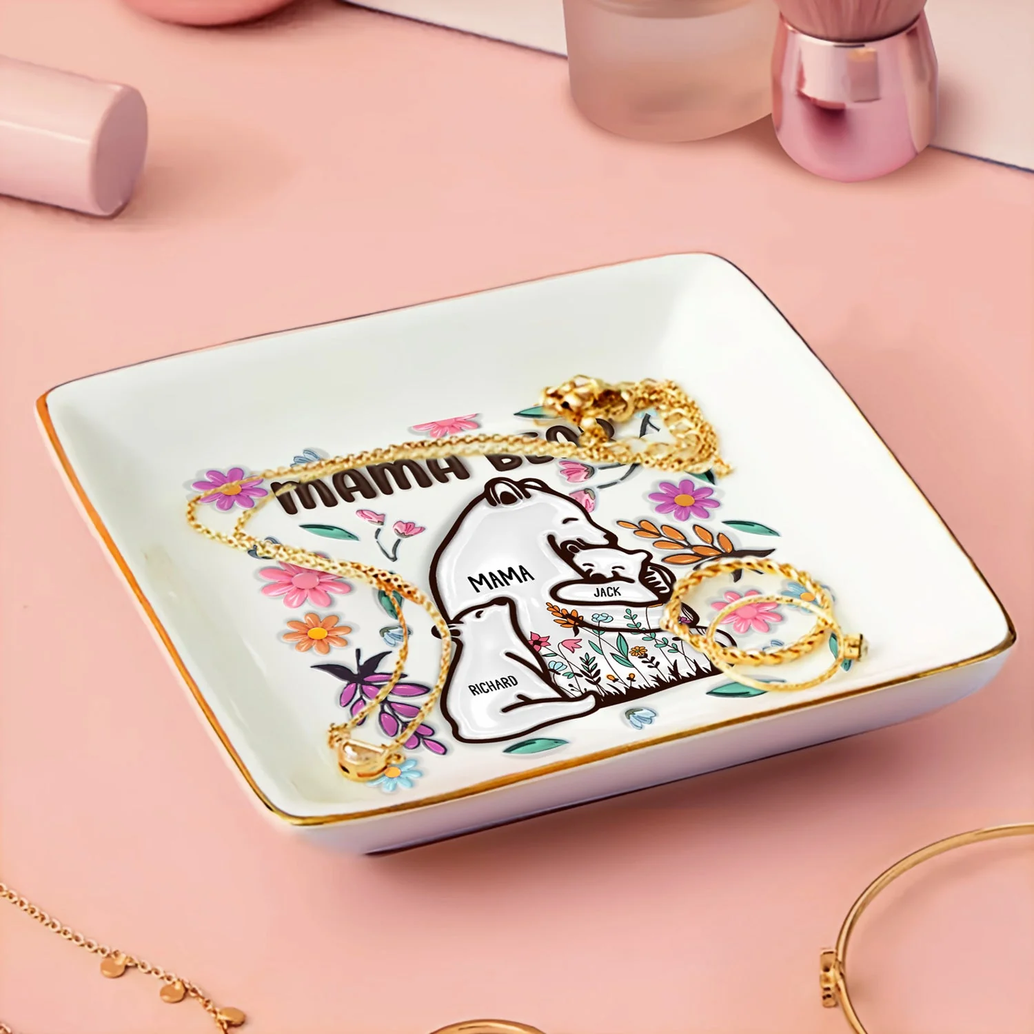 Mama Bear Floral Style - Birthday, Loving Gift For Mom, Mother, Grandma, Grandmother - 3D Inflated Effect Printed Dish, Personalized Ring Dish - Image 3