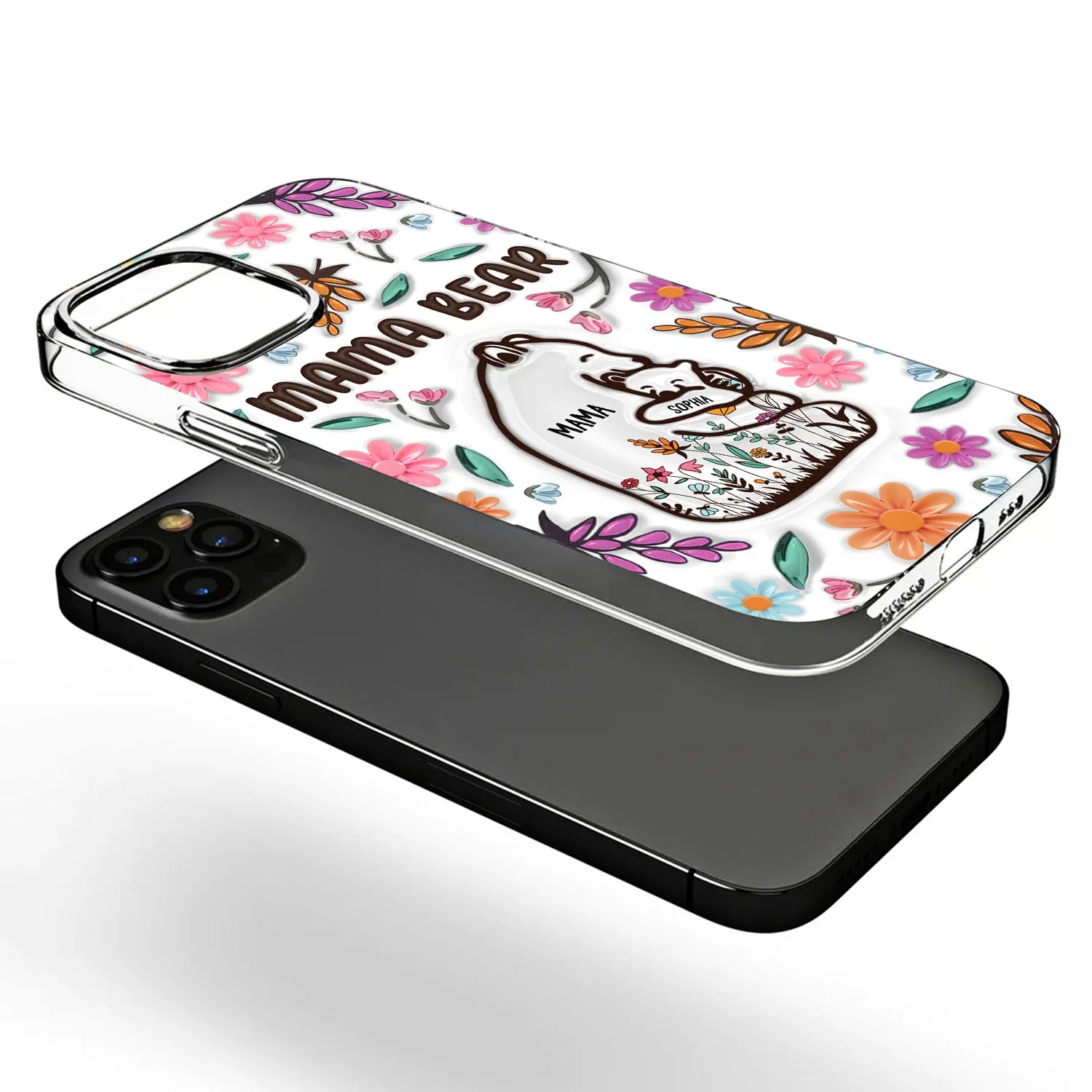 Mama Bear Floral Style - Birthday, Loving Gift For Mom, Mother, Grandma, Grandmother - 3D Inflated Effect Printed, Personalized Clear Phone Case - Image 3