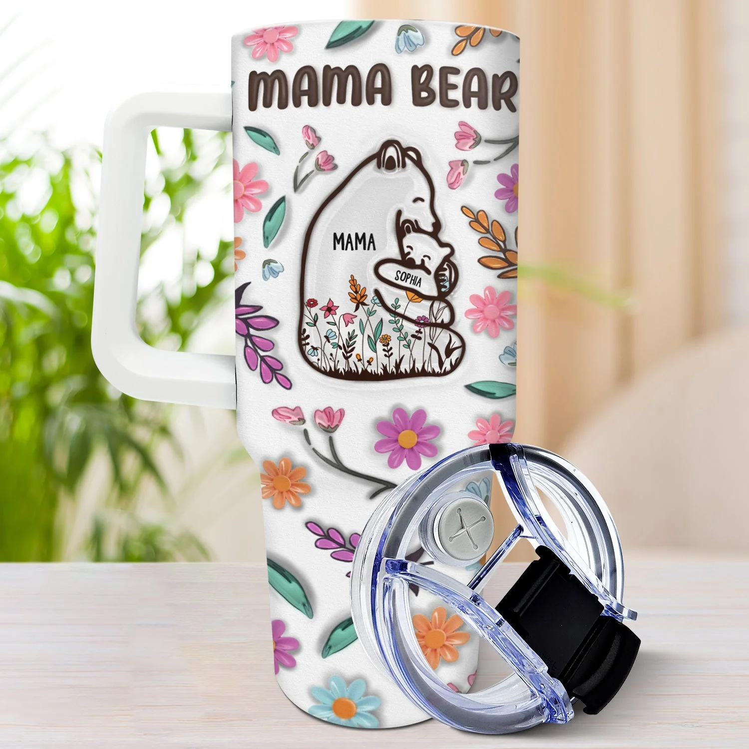 Mama Bear Floral Style - Birthday, Loving Gift For Mom, Mother, Grandma, Grandmother - 3D Inflated Effect Printed Tumbler, Personalized 40oz Tumbler With Straw - Image 3