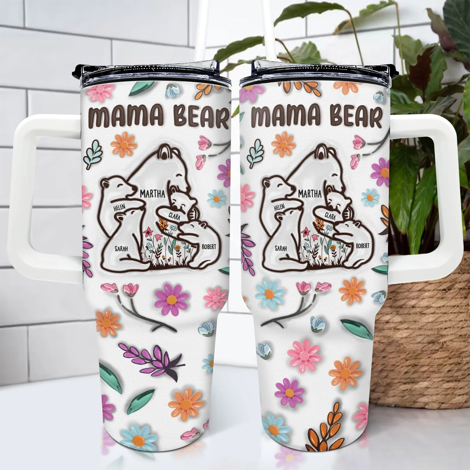 Mama Bear Floral Style - Birthday, Loving Gift For Mom, Mother, Grandma, Grandmother - 3D Inflated Effect Printed Tumbler, Personalized 40oz Tumbler With Straw - Image 4