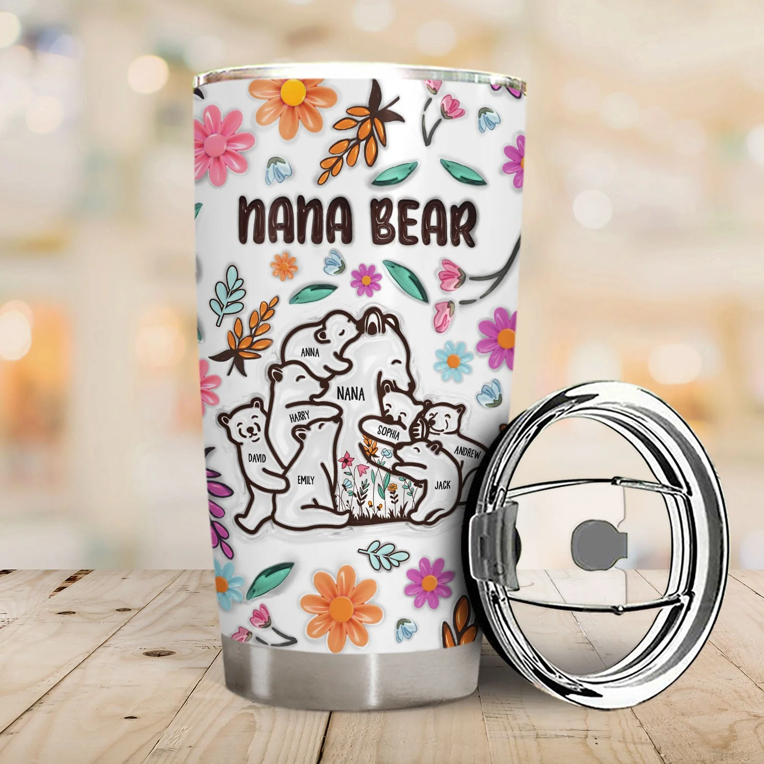 Mama Bear Floral Style - Birthday, Loving Gift For Mom, Mother, Grandma, Grandmother - 3D Inflated Effect Printed Tumbler, Personalized Tumbler - Image 2