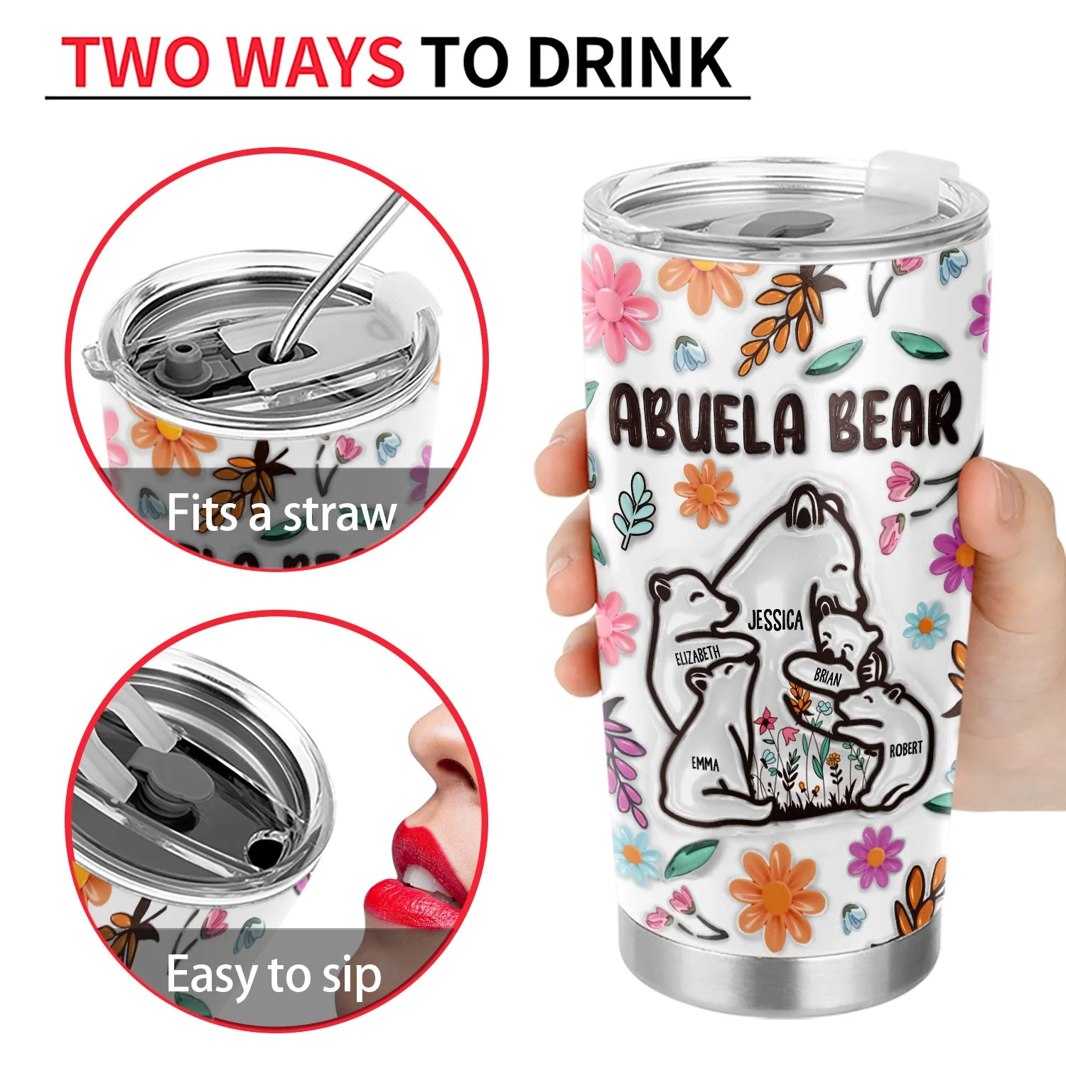 Mama Bear Floral Style - Birthday, Loving Gift For Mom, Mother, Grandma, Grandmother - 3D Inflated Effect Printed Tumbler, Personalized Tumbler - Image 4