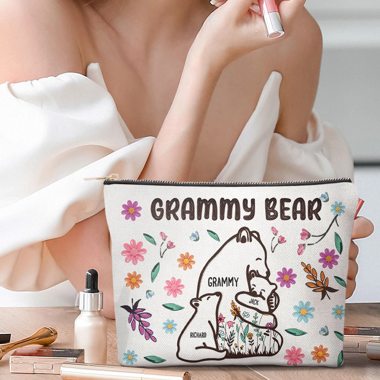 Mama Bear Floral Style - Birthday, Loving Gift For Mom, Mother, Grandma, Grandmother - Personalized Cosmetic Bag - Image 2