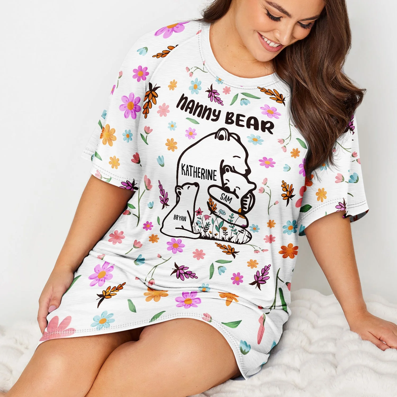 Mama Bear Floral Style - Birthday, Loving Gift For Mom, Mother, Grandma, Grandmother - Personalized Women's Sleep Tee - Image 4