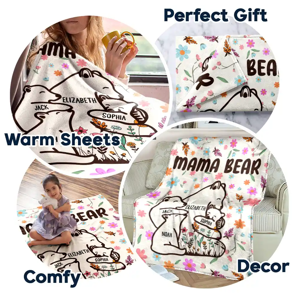 Mama Bear Floral Style - Personalized Fleece Blanket, Sherpa Blanket - Image 6