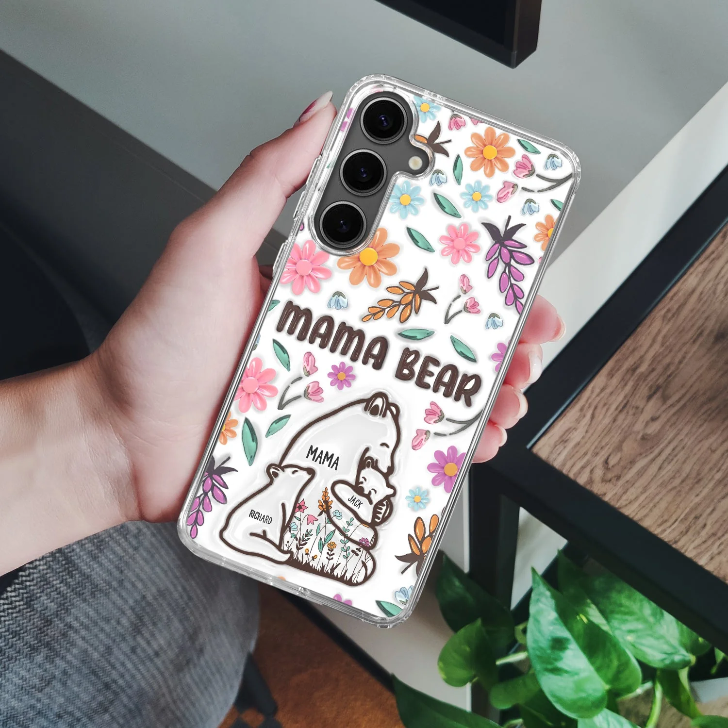Mama Bear Floral Style Version 2 - 3D Inflated Effect Printed, Personalized Clear Phone Case - Image 2