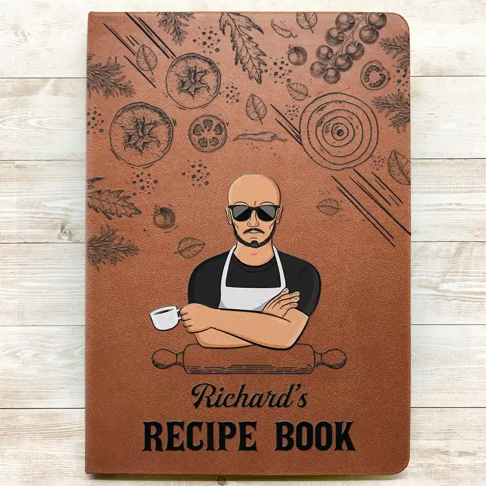 Man Cartoon Recipe Cookbook - Personalized Leather Journal - Image 3