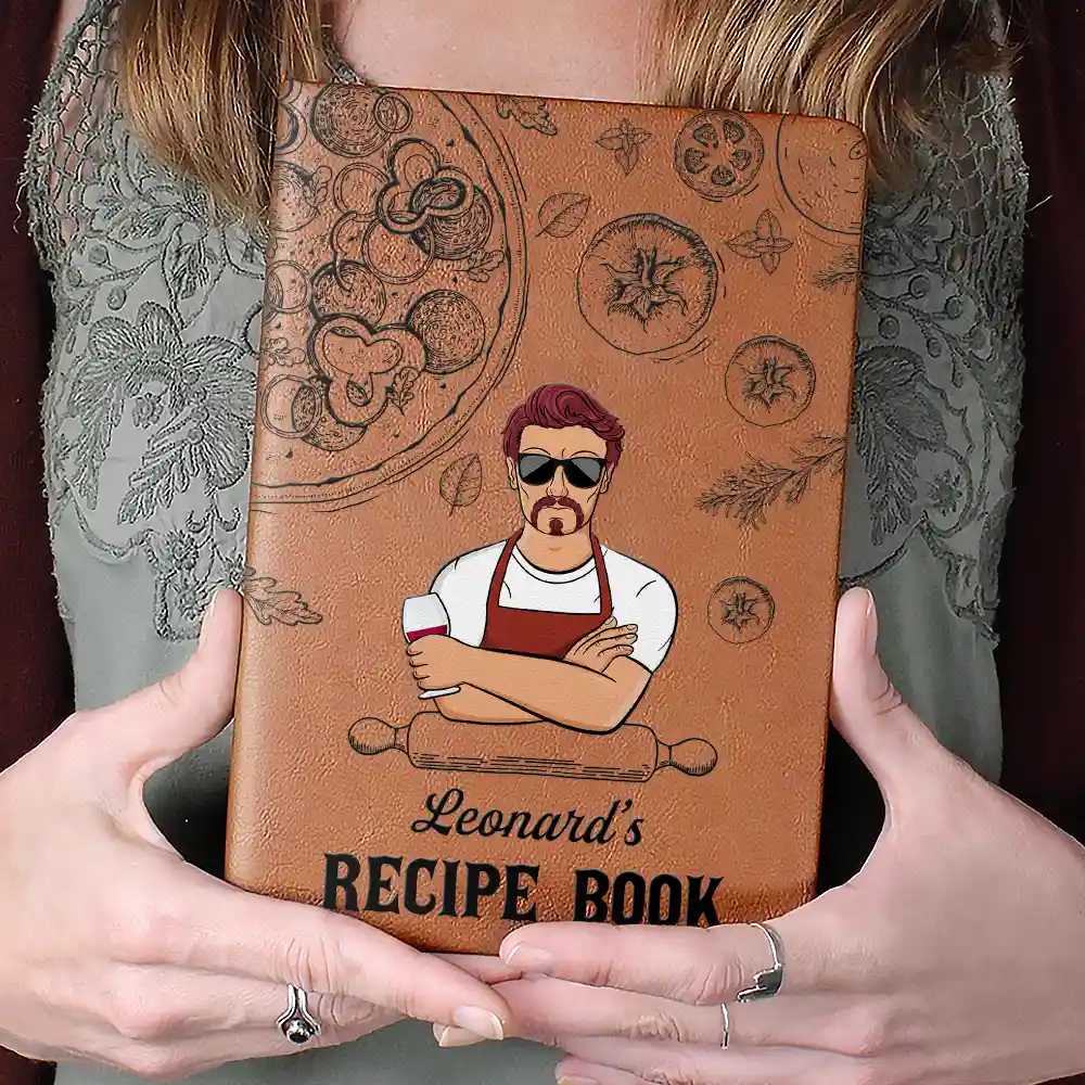 Man Cartoon Recipe Cookbook - Personalized Leather Journal - Image 4