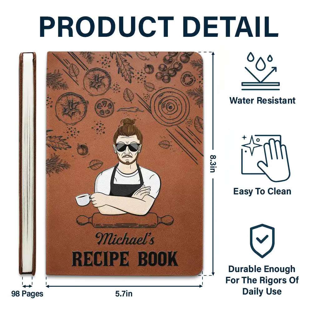 Man Cartoon Recipe Cookbook - Personalized Leather Journal - Image 5