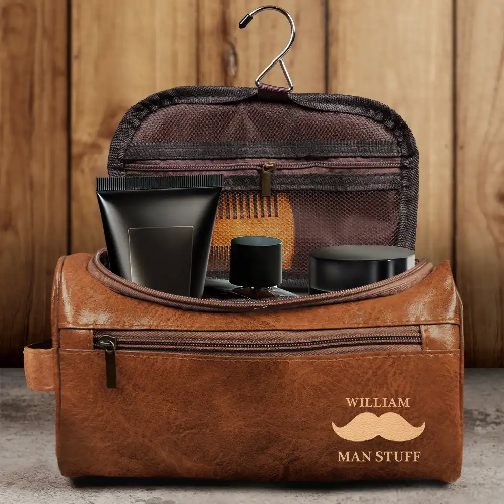 Man Crap Man Stuff Monogram - Personalized Leather Toiletry Bag - Image 4