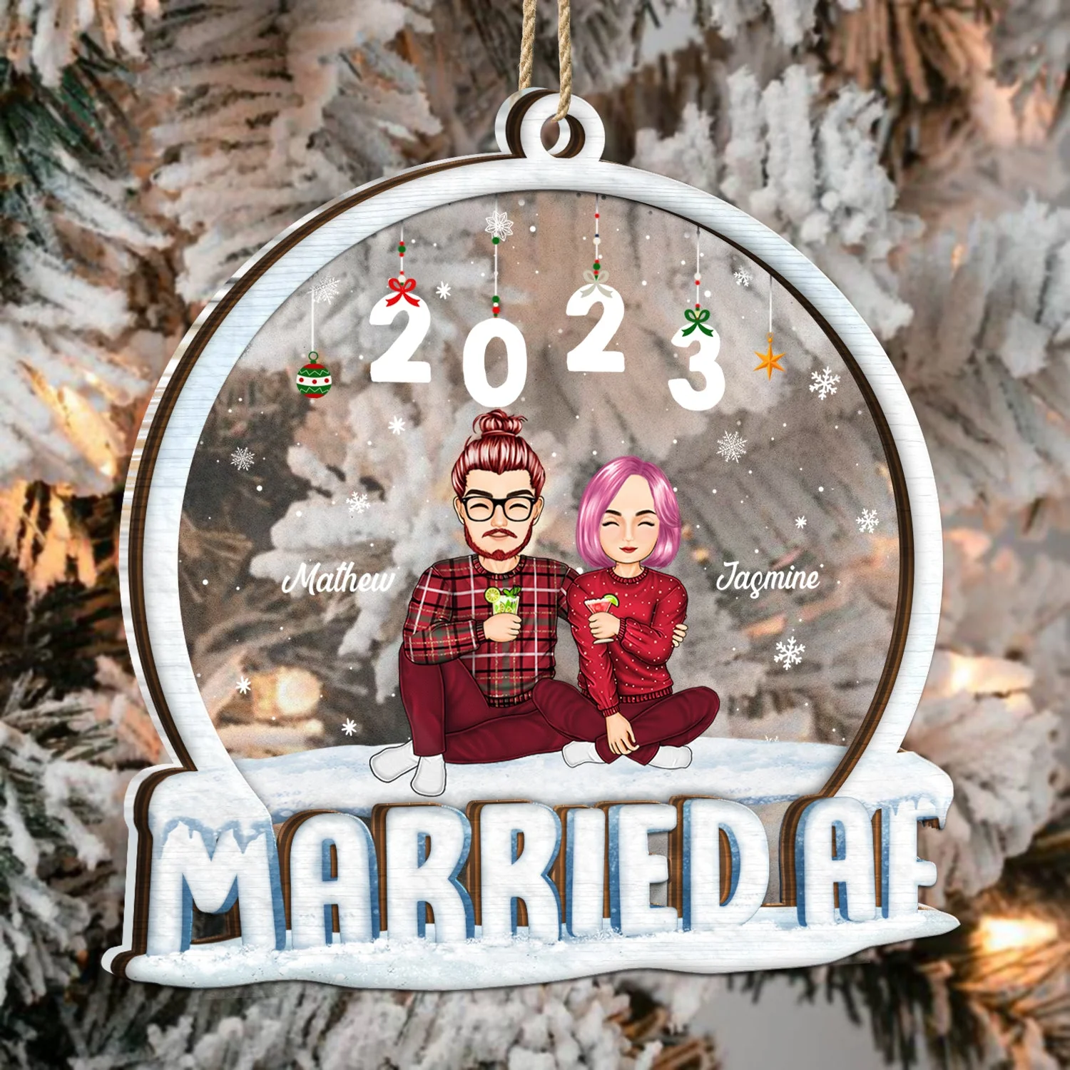 Married AF - Christmas Gift For Couples - Personalized 2-Layered Mix Ornament - Image 3