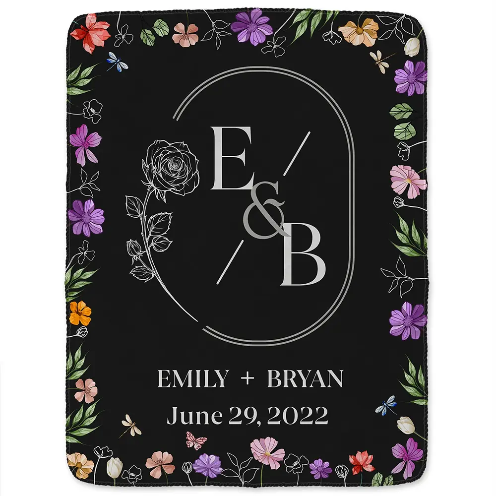Married Couple Birth Flower Letter - Personalized Fleece Blanket, Sherpa Blanket - Image 2