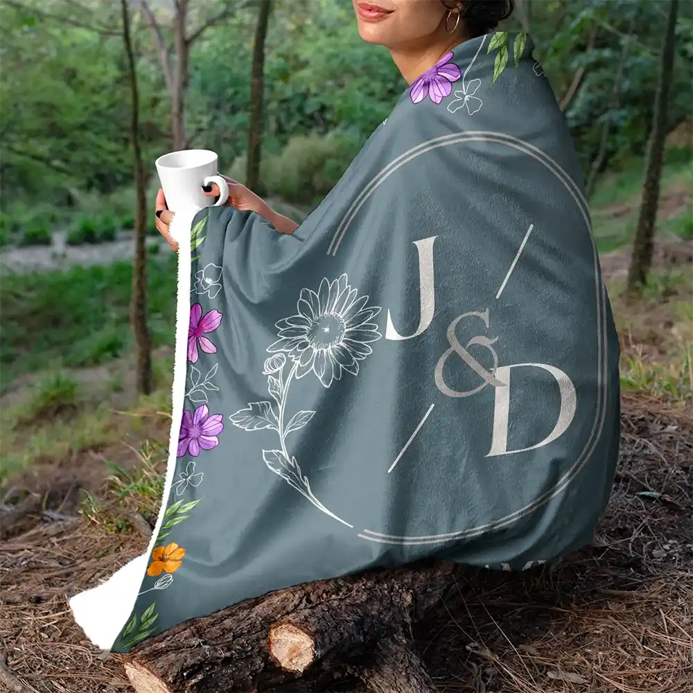 Married Couple Birth Flower Letter - Personalized Fleece Blanket, Sherpa Blanket - Image 5